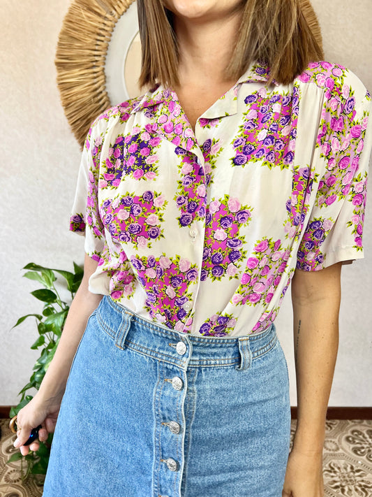 1970's vintage cream silk blouse with purple and pink flowers