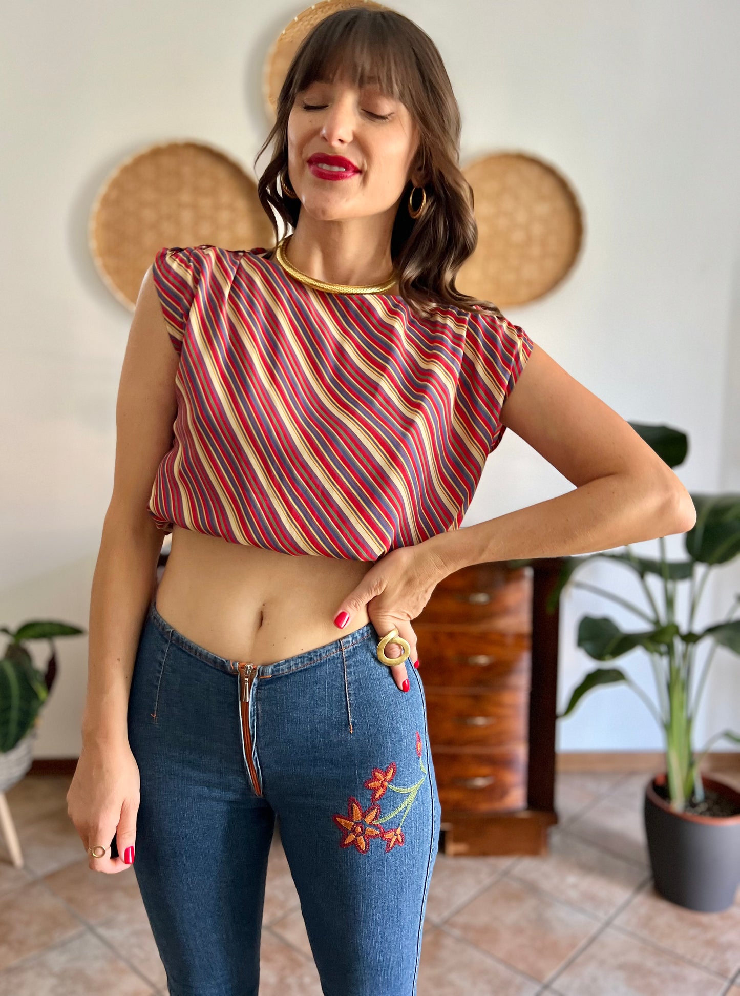 1970's vinage silk blend multicolor strip blouse