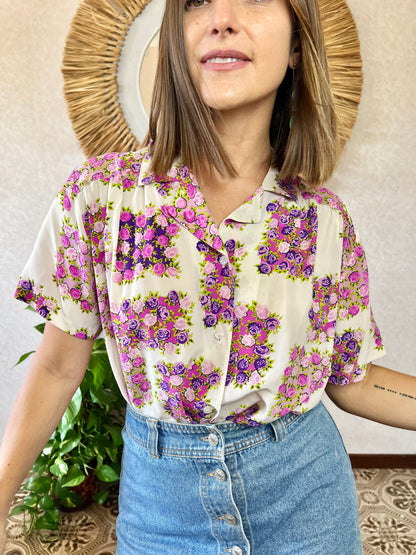 1970's vintage cream silk blouse with purple and pink flowers