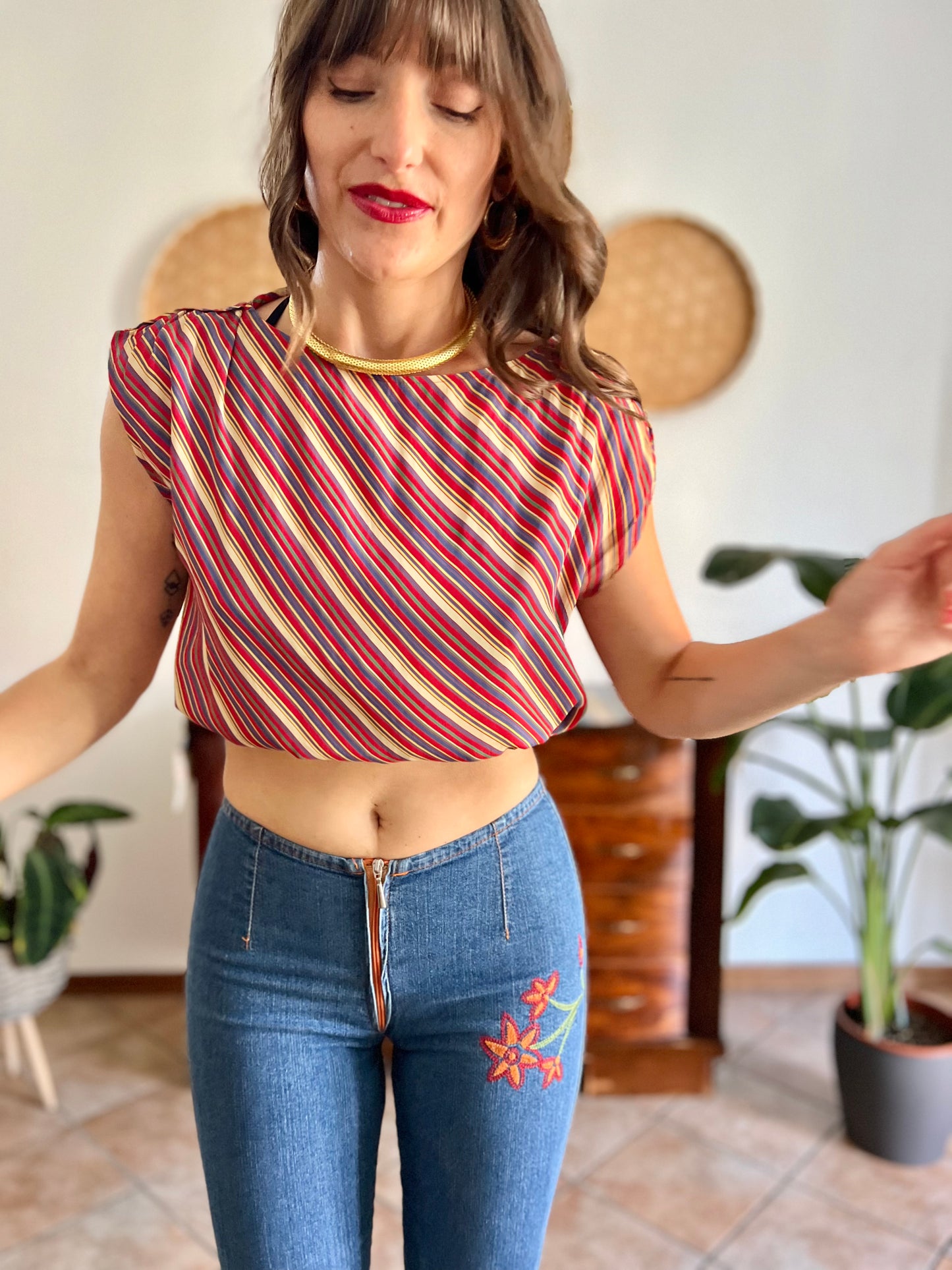 1970's vinage silk blend multicolor strip blouse