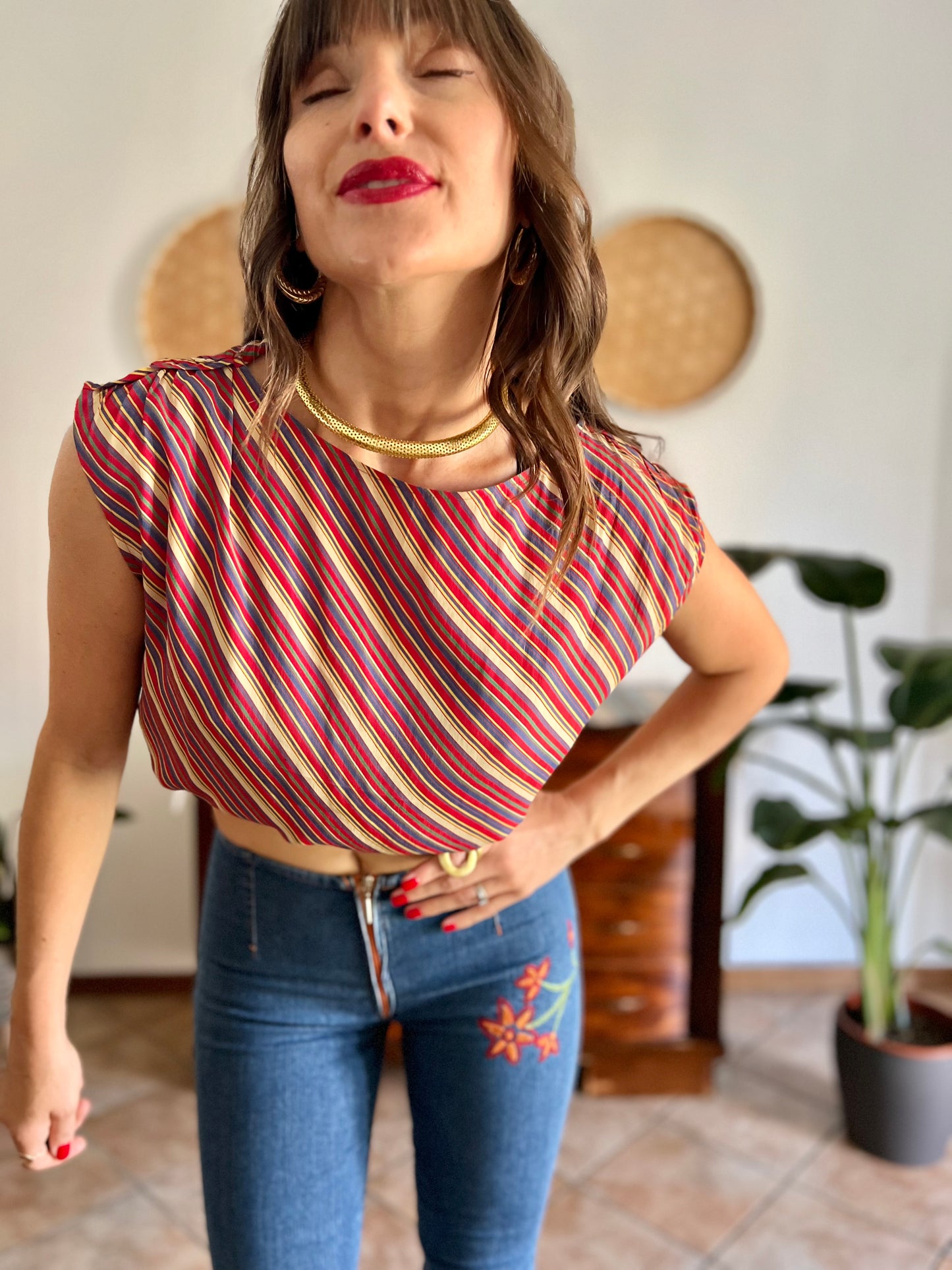 1970's vinage silk blend multicolor strip blouse