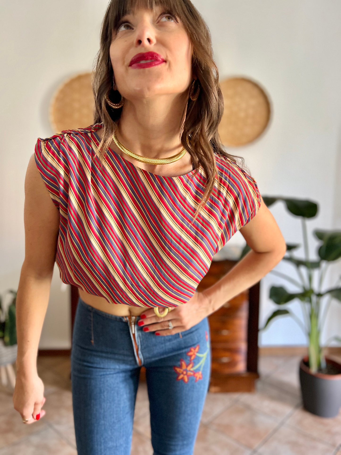 1970's vinage silk blend multicolor strip blouse