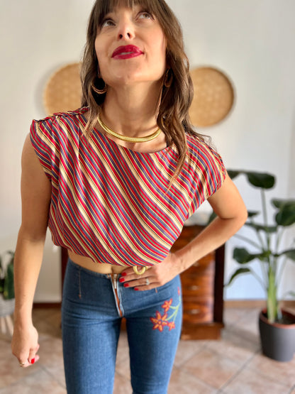 1970's vinage silk blend multicolor strip blouse