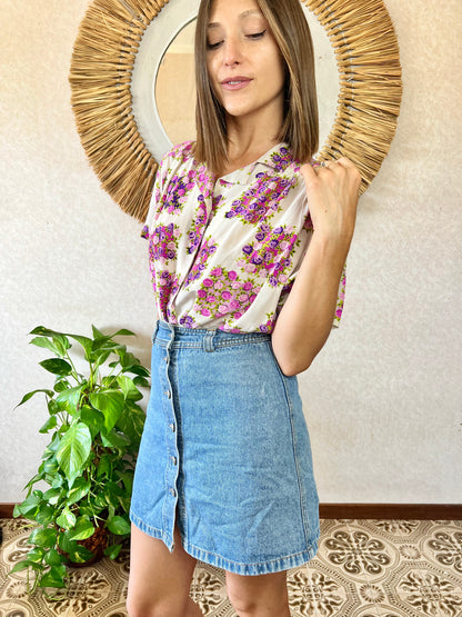 1970's vintage cream silk blouse with purple and pink flowers