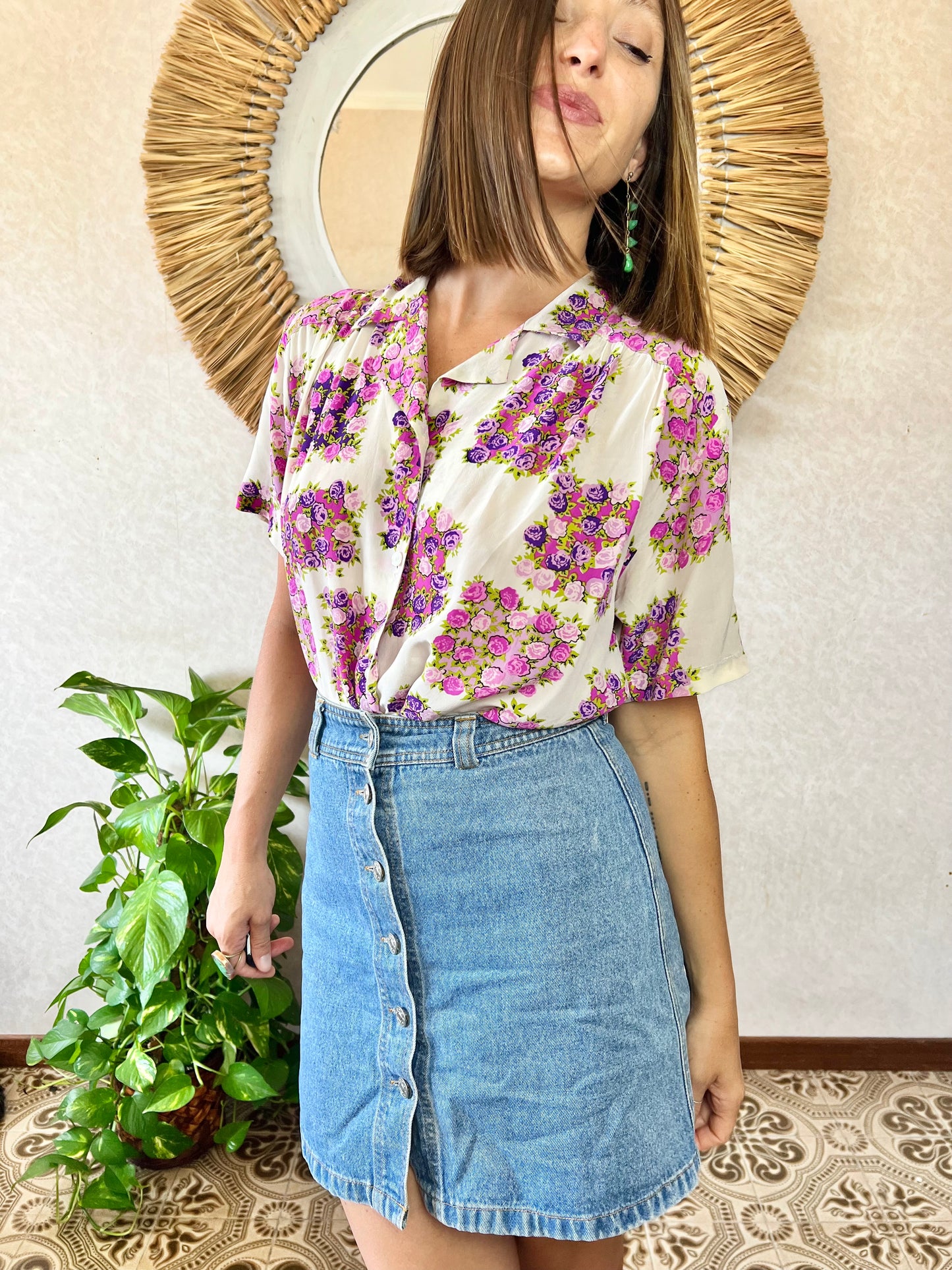 1970's vintage cream silk blouse with purple and pink flowers