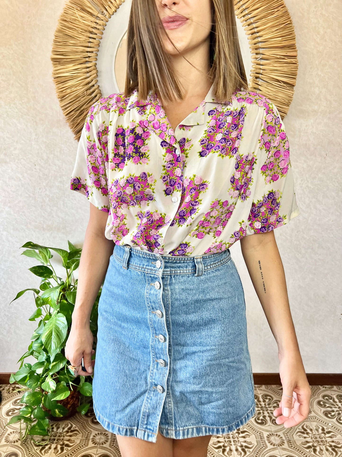 1970's vintage cream silk blouse with purple and pink flowers