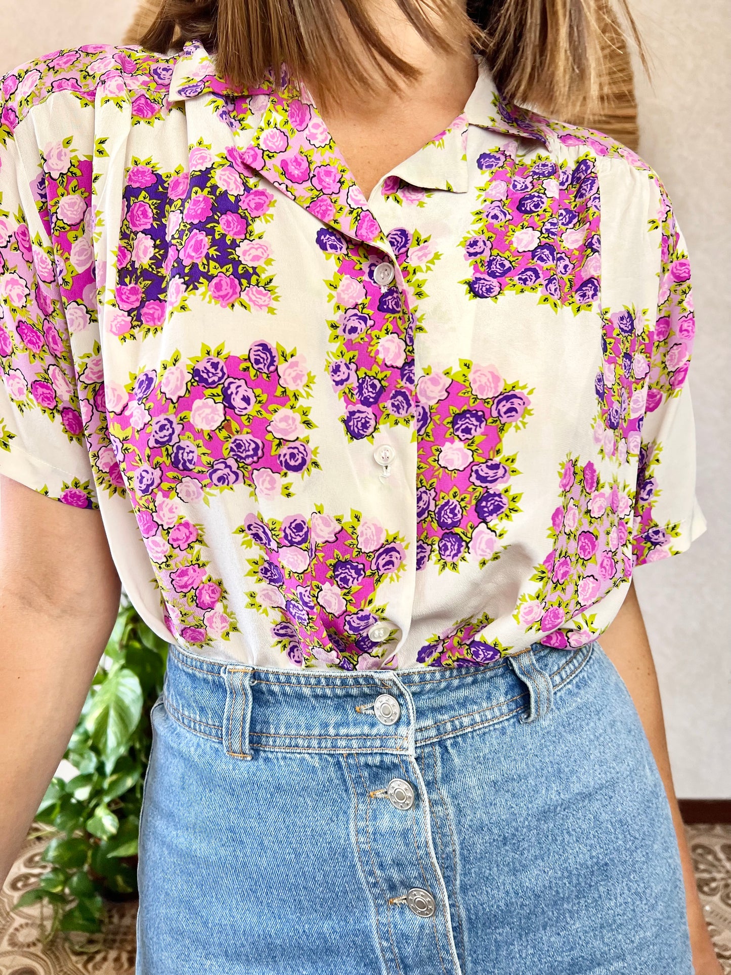 1970's vintage cream silk blouse with purple and pink flowers