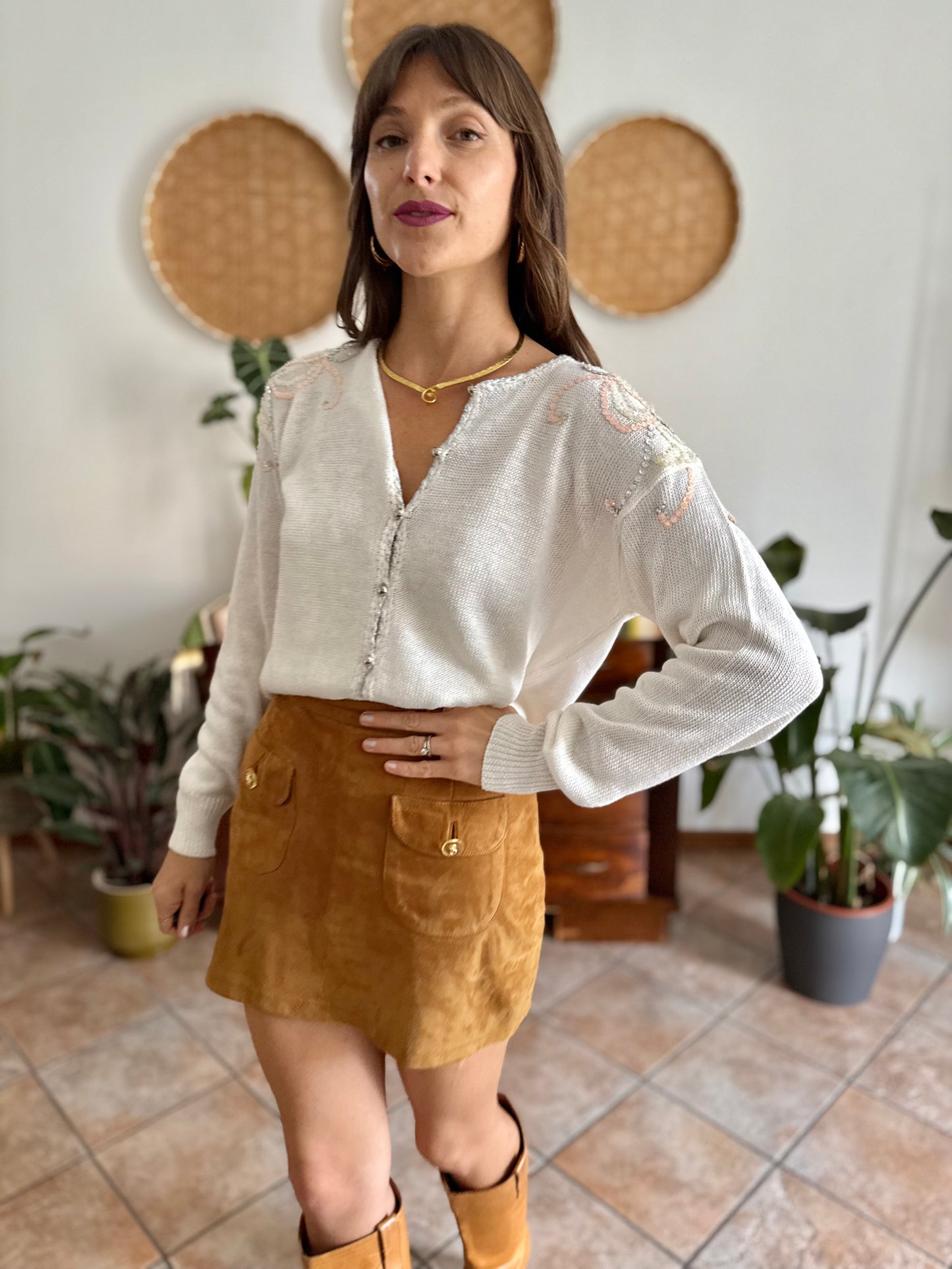 1980's vintage white knit cardigan with silver and pink sequin detailing