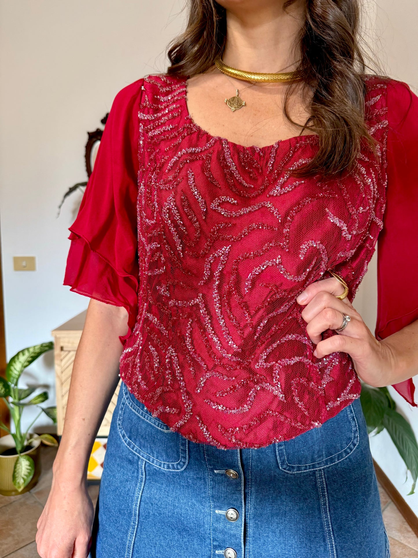 1970's vintage dark redvsilk bustier top with bell sleeves and intricate glass beading