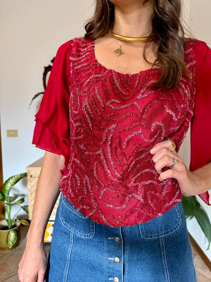 1970's vintage dark redvsilk bustier top with bell sleeves and intricate glass beading