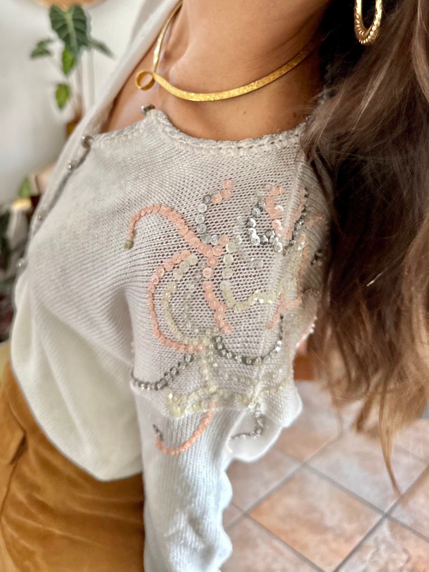 1980's vintage white knit cardigan with silver and pink sequin detailing