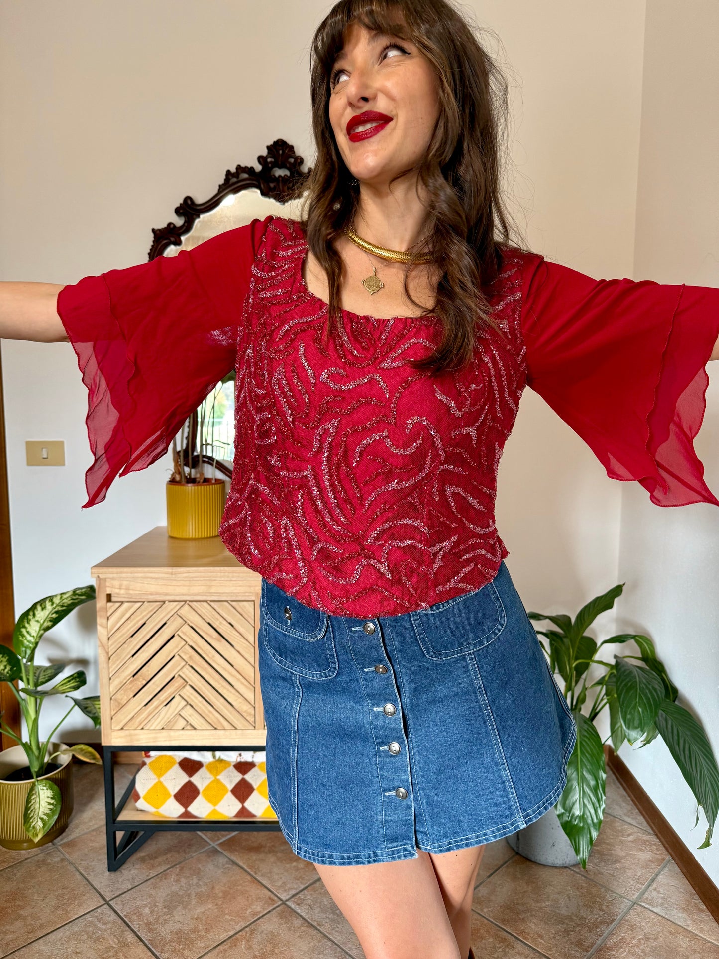 1970's vintage dark redvsilk bustier top with bell sleeves and intricate glass beading