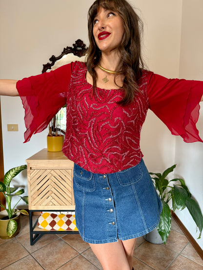 1970's vintage dark redvsilk bustier top with bell sleeves and intricate glass beading