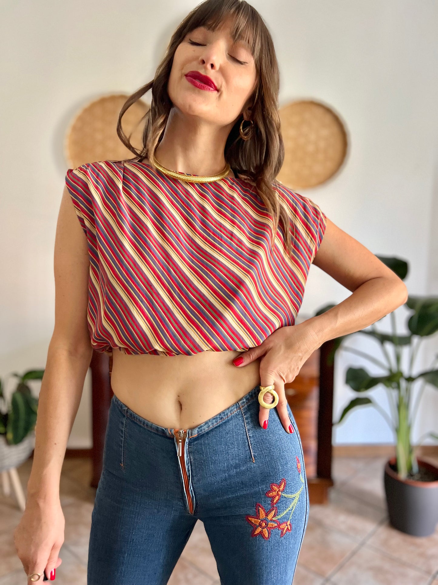 1970's vinage silk blend multicolor strip blouse