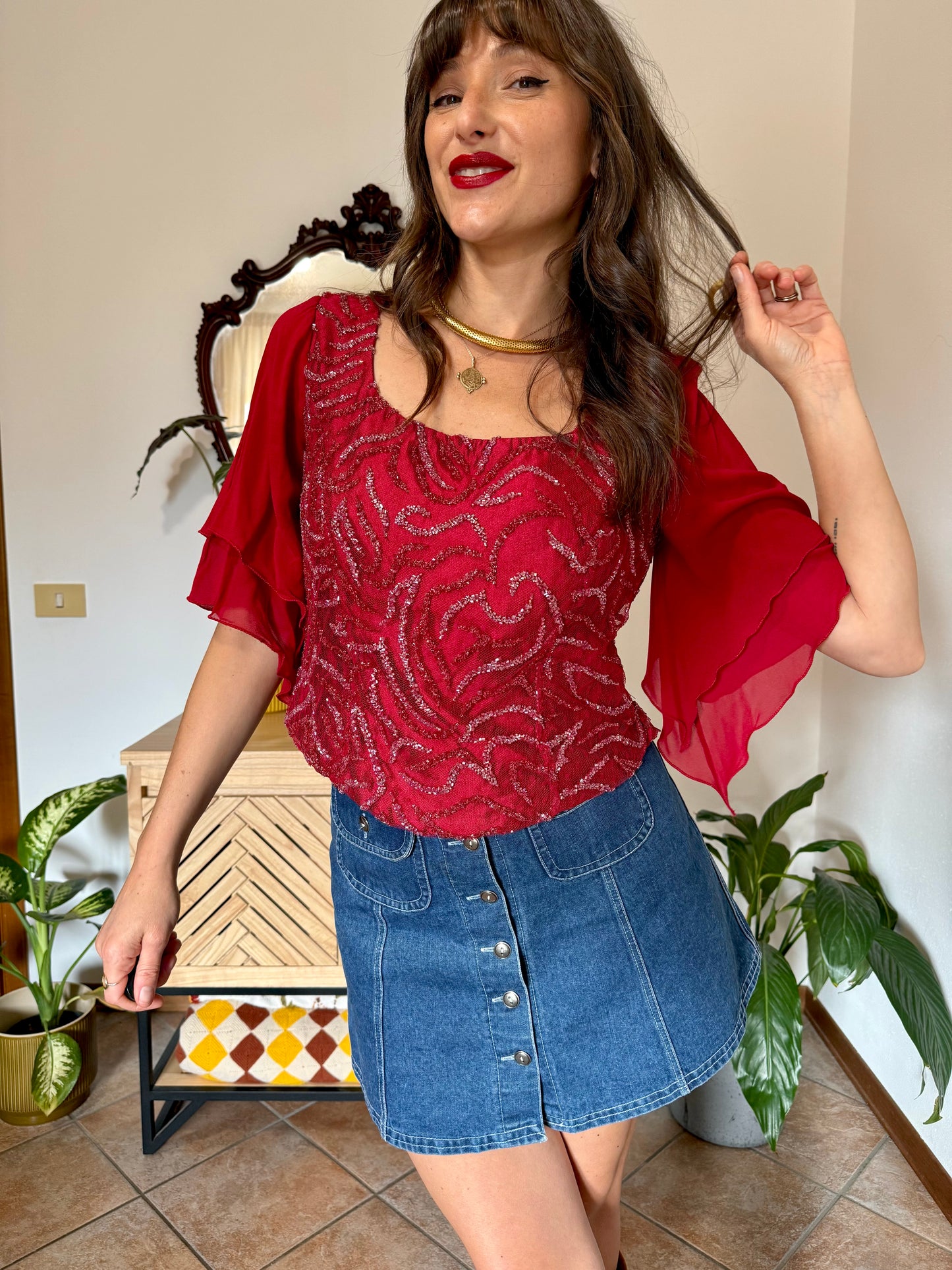 1970's vintage dark redvsilk bustier top with bell sleeves and intricate glass beading