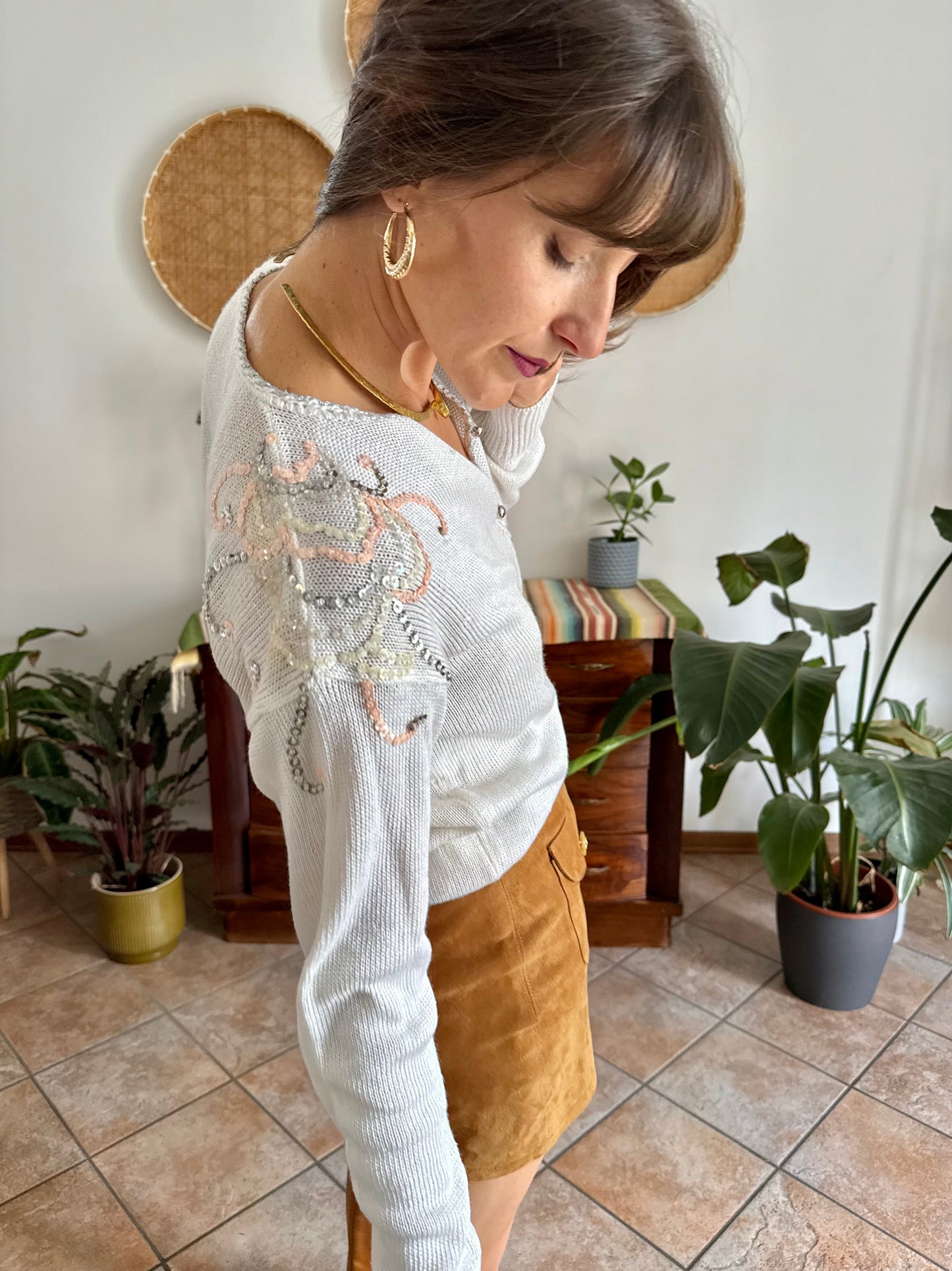 1980's vintage white knit cardigan with silver and pink sequin detailing