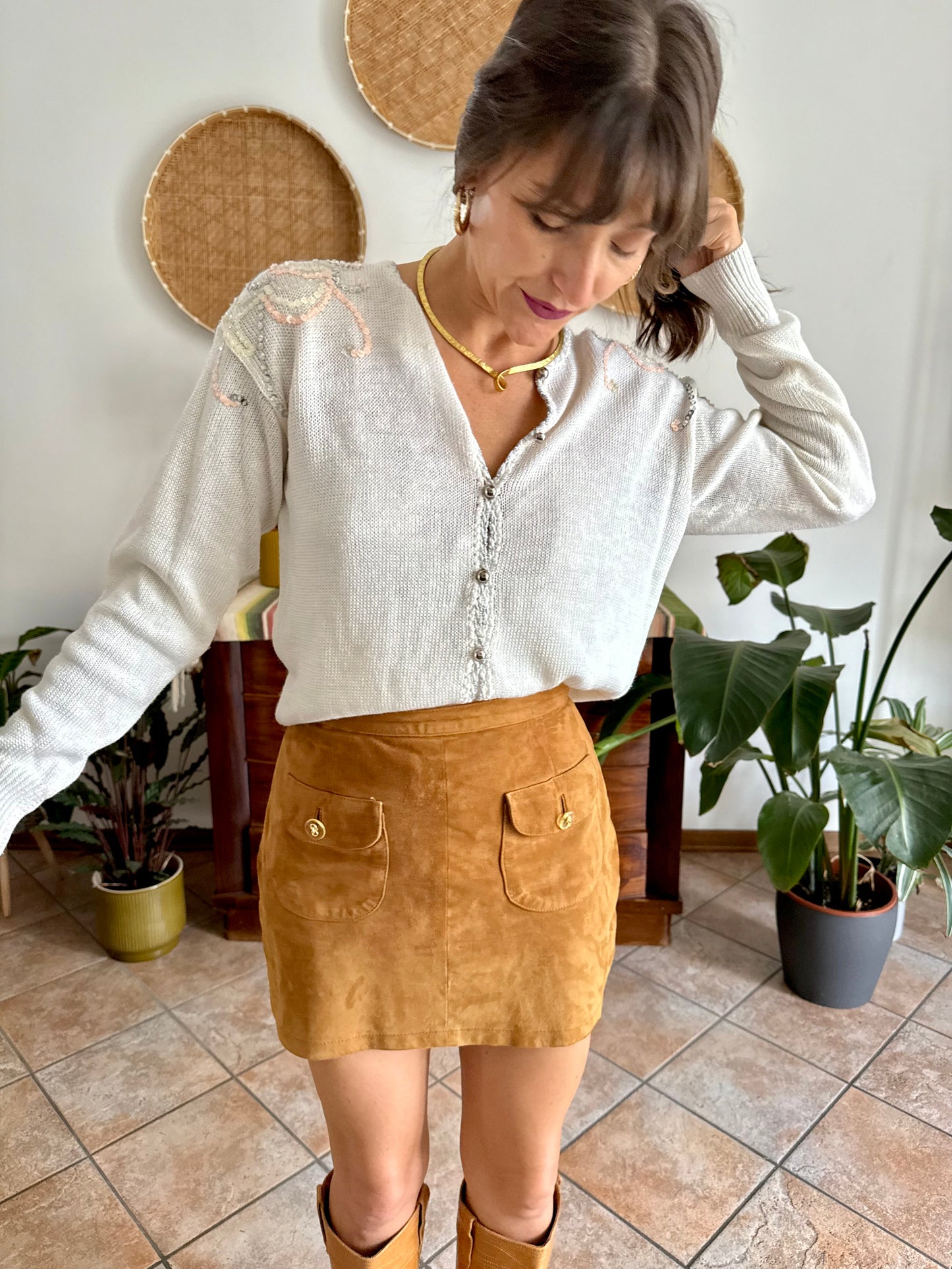 1980's vintage white knit cardigan with silver and pink sequin detailing