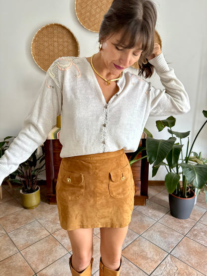 1980's vintage white knit cardigan with silver and pink sequin detailing