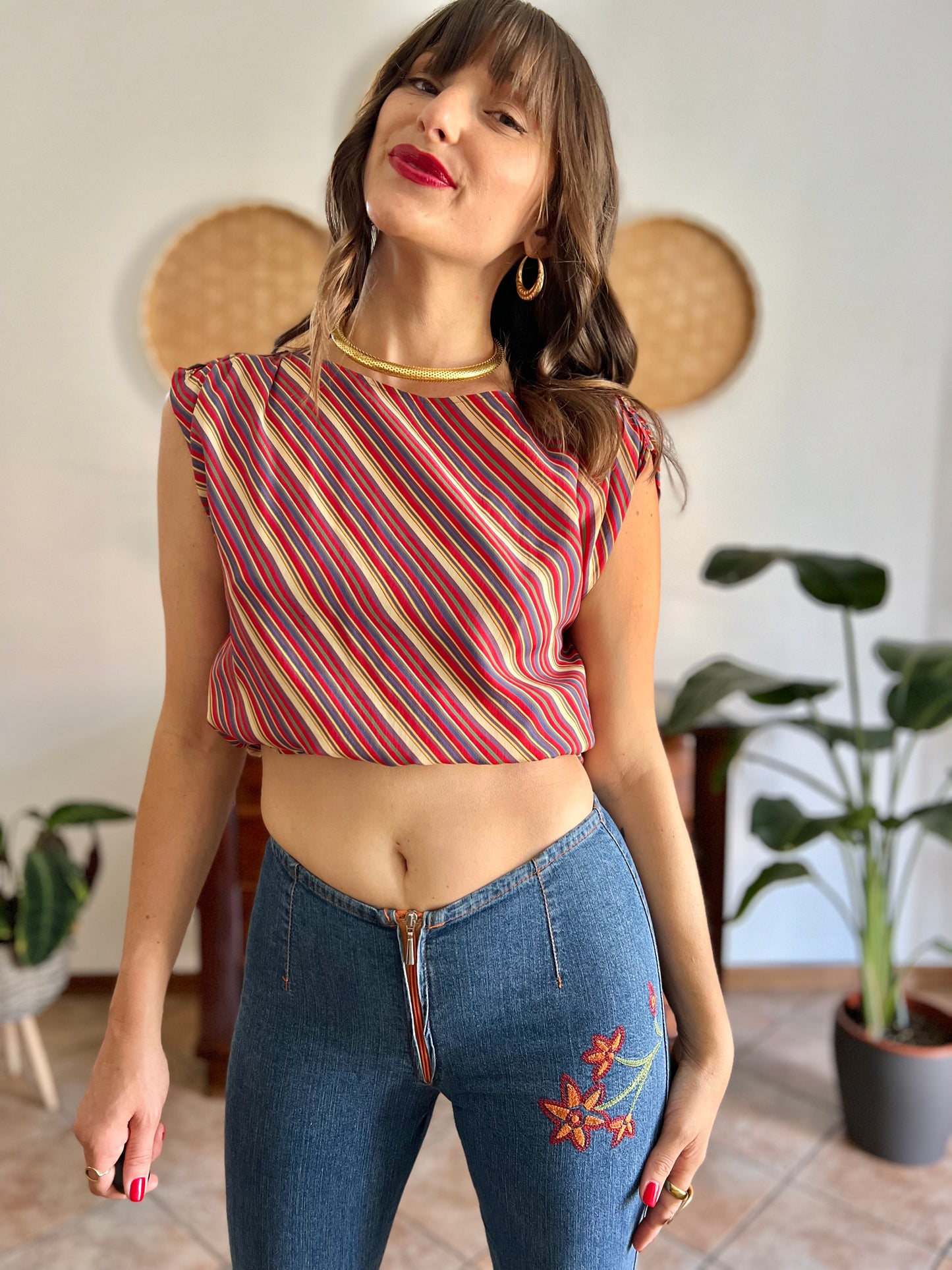 1970's vinage silk blend multicolor strip blouse