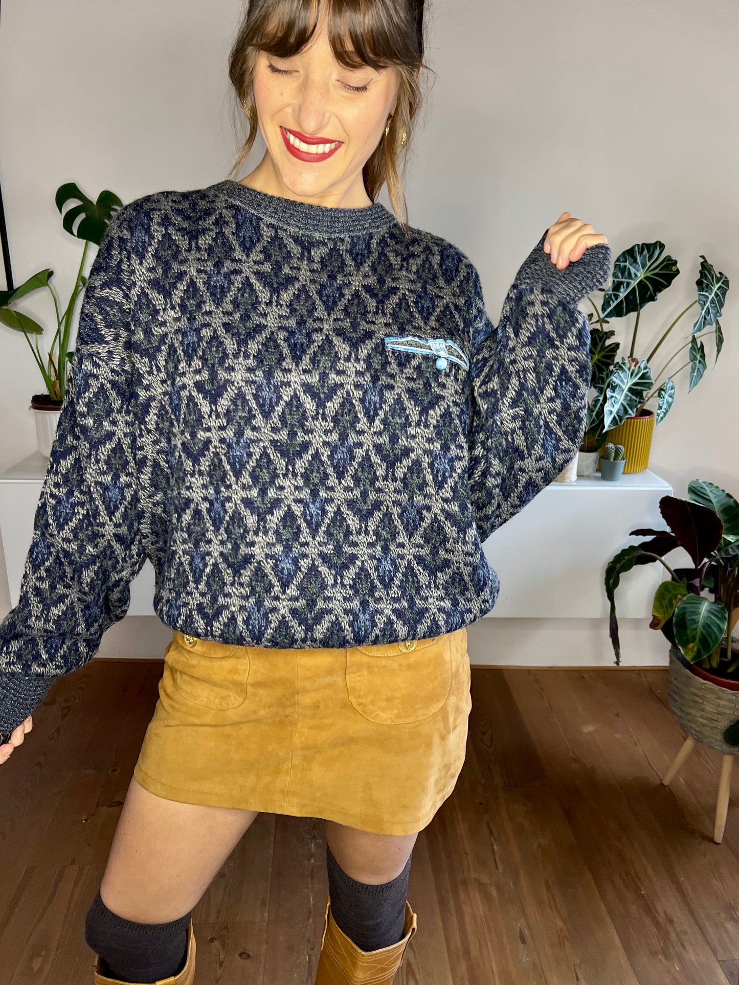 1980's vintage blue and grey geometric knit pullover with pocket detail