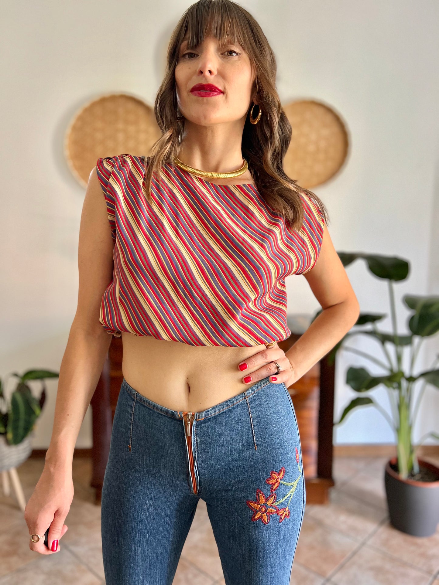 1970's vinage silk blend multicolor strip blouse