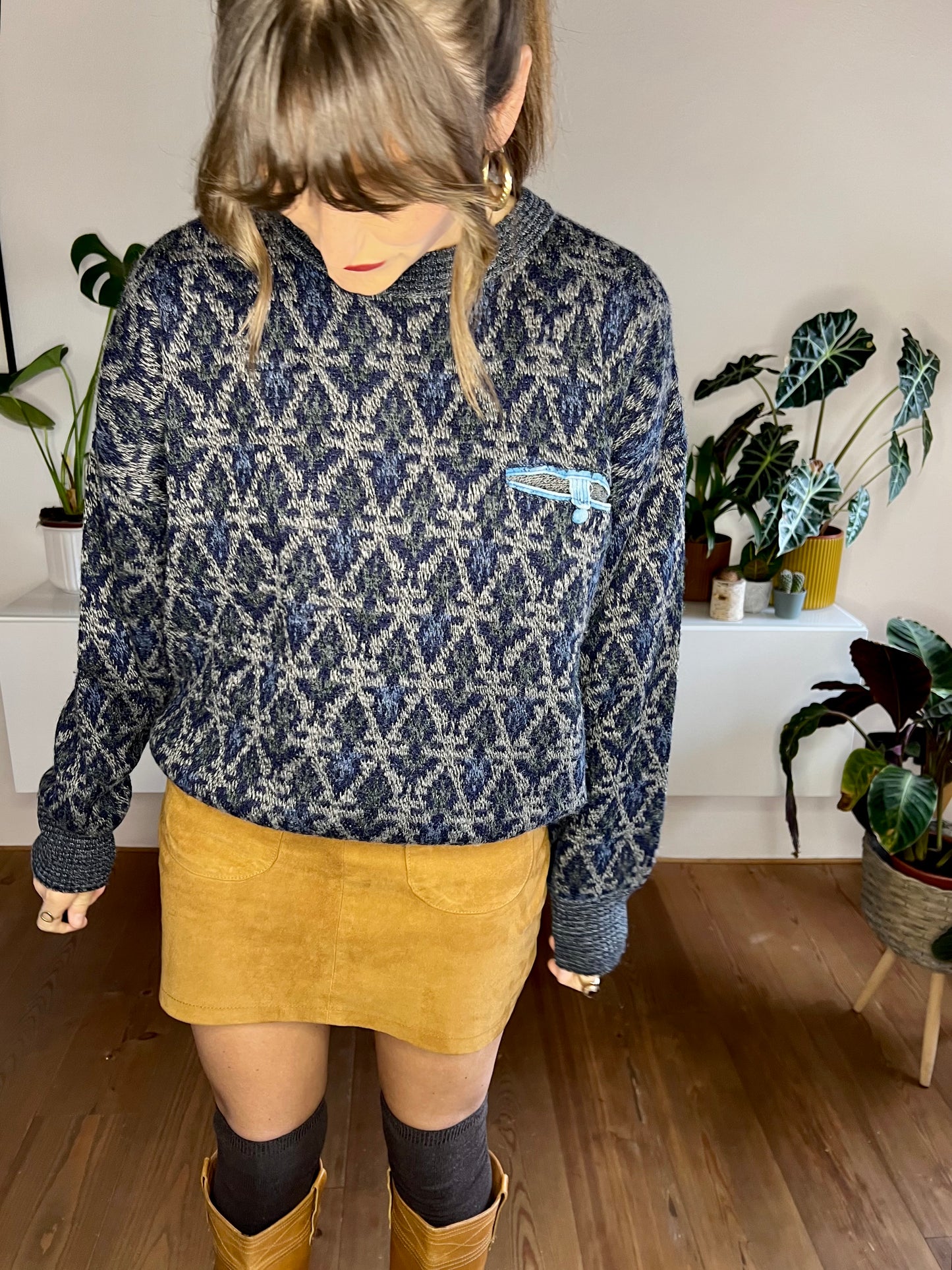 1980's vintage blue and grey geometric knit pullover with pocket detail