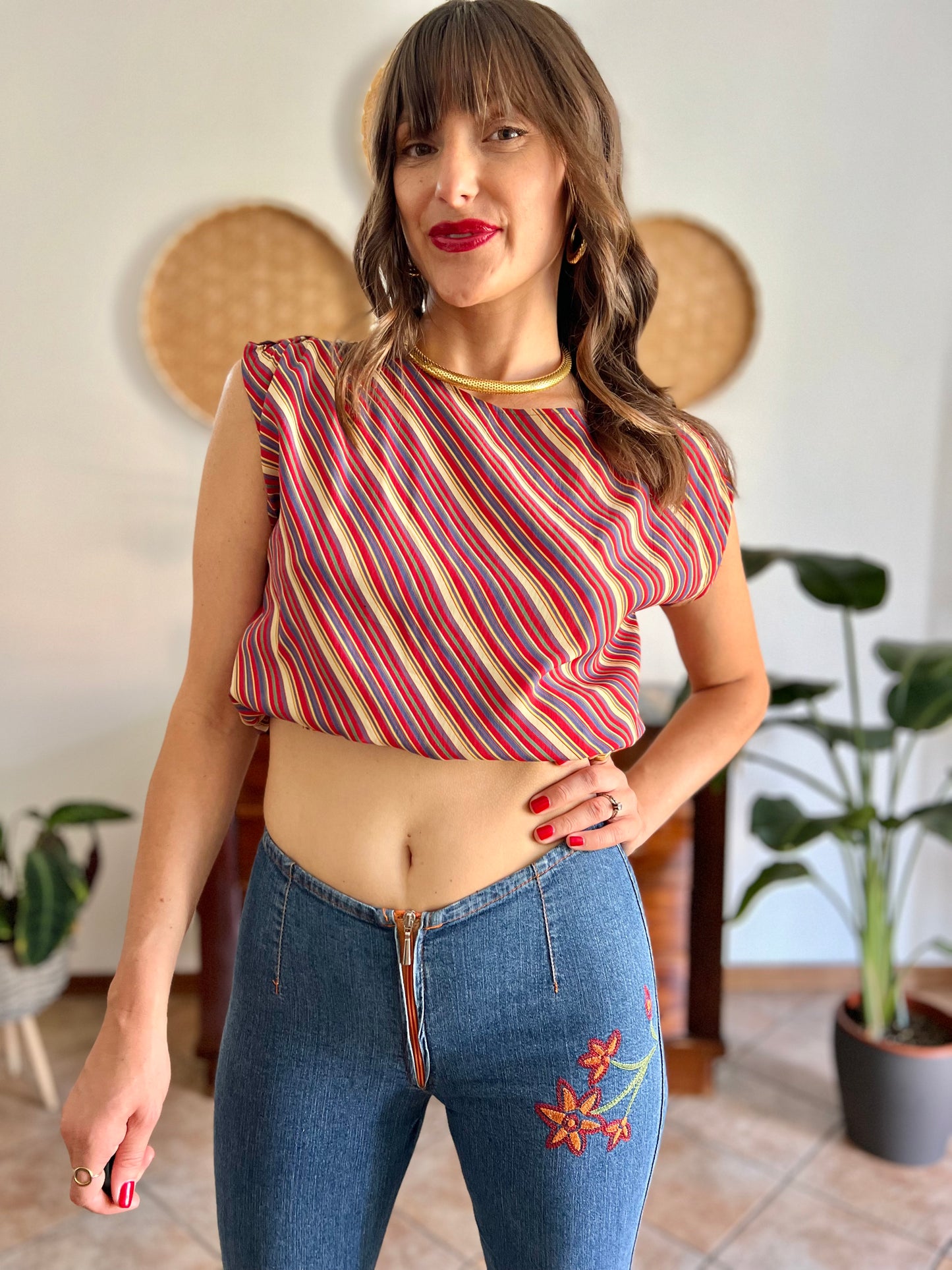 1970's vinage silk blend multicolor strip blouse