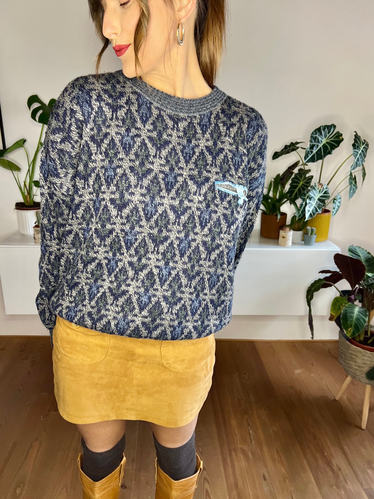 1980's vintage blue and grey geometric knit pullover with pocket detail