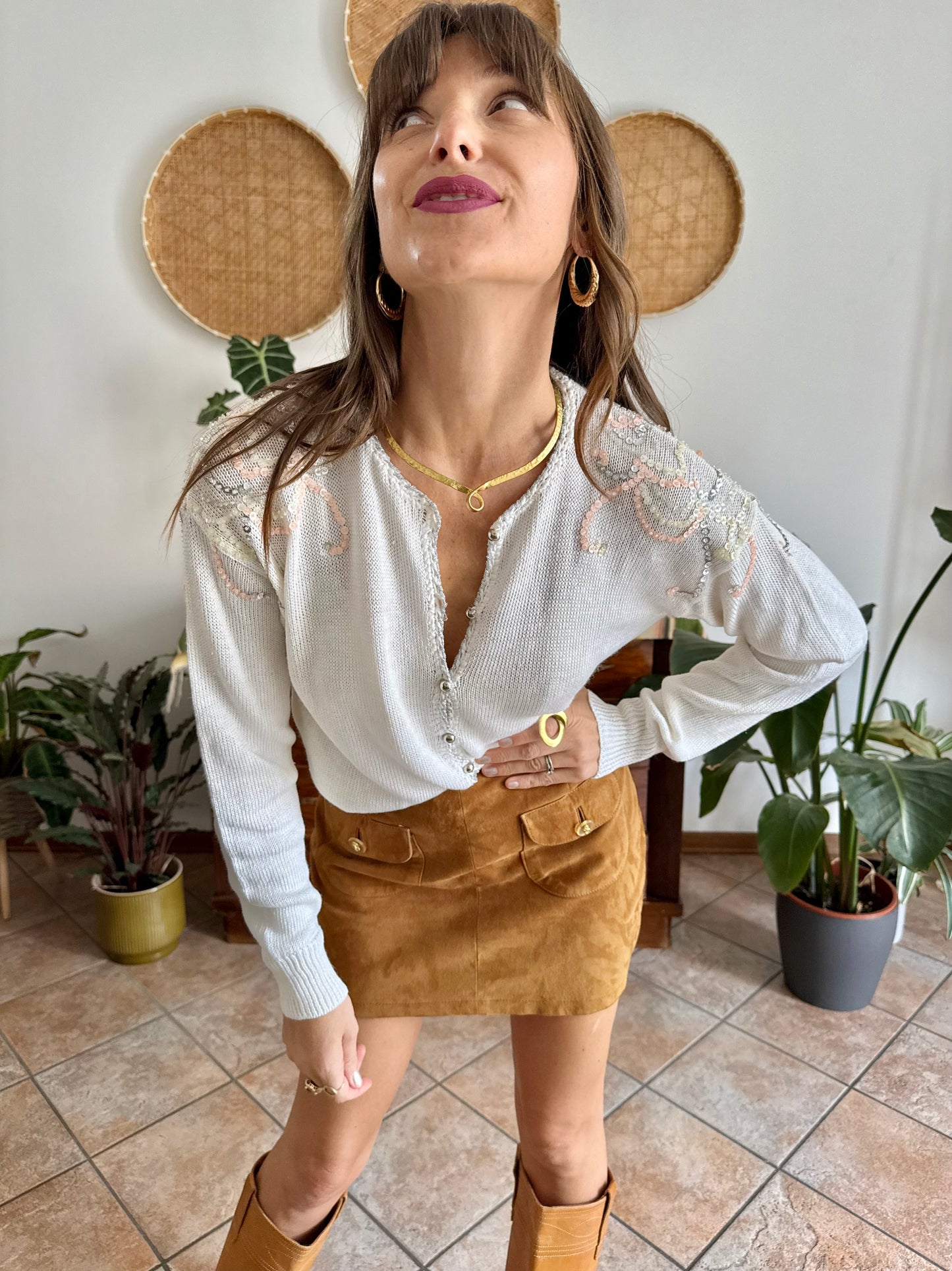 1980's vintage white knit cardigan with silver and pink sequin detailing