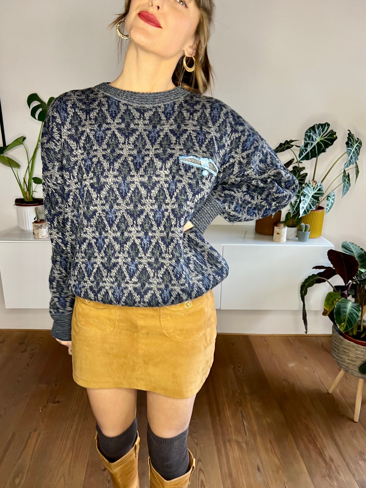 1980's vintage blue and grey geometric knit pullover with pocket detail