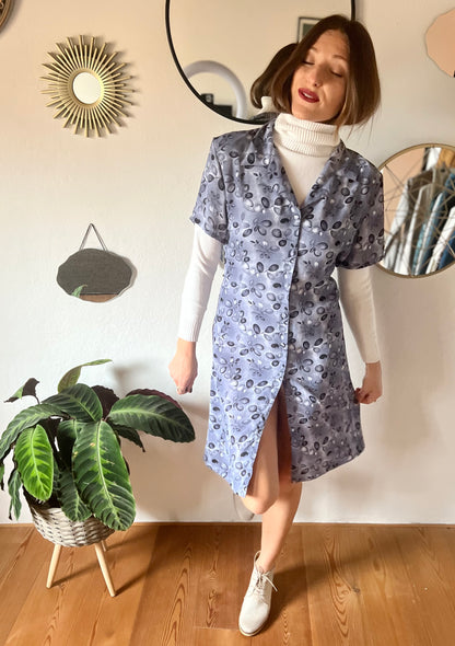 1990's vintage grey and navy blue floral print dress