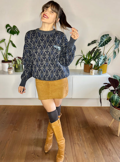 1980's vintage blue and grey geometric knit pullover with pocket detail