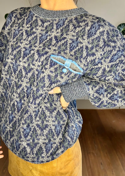 1980's vintage blue and grey geometric knit pullover with pocket detail