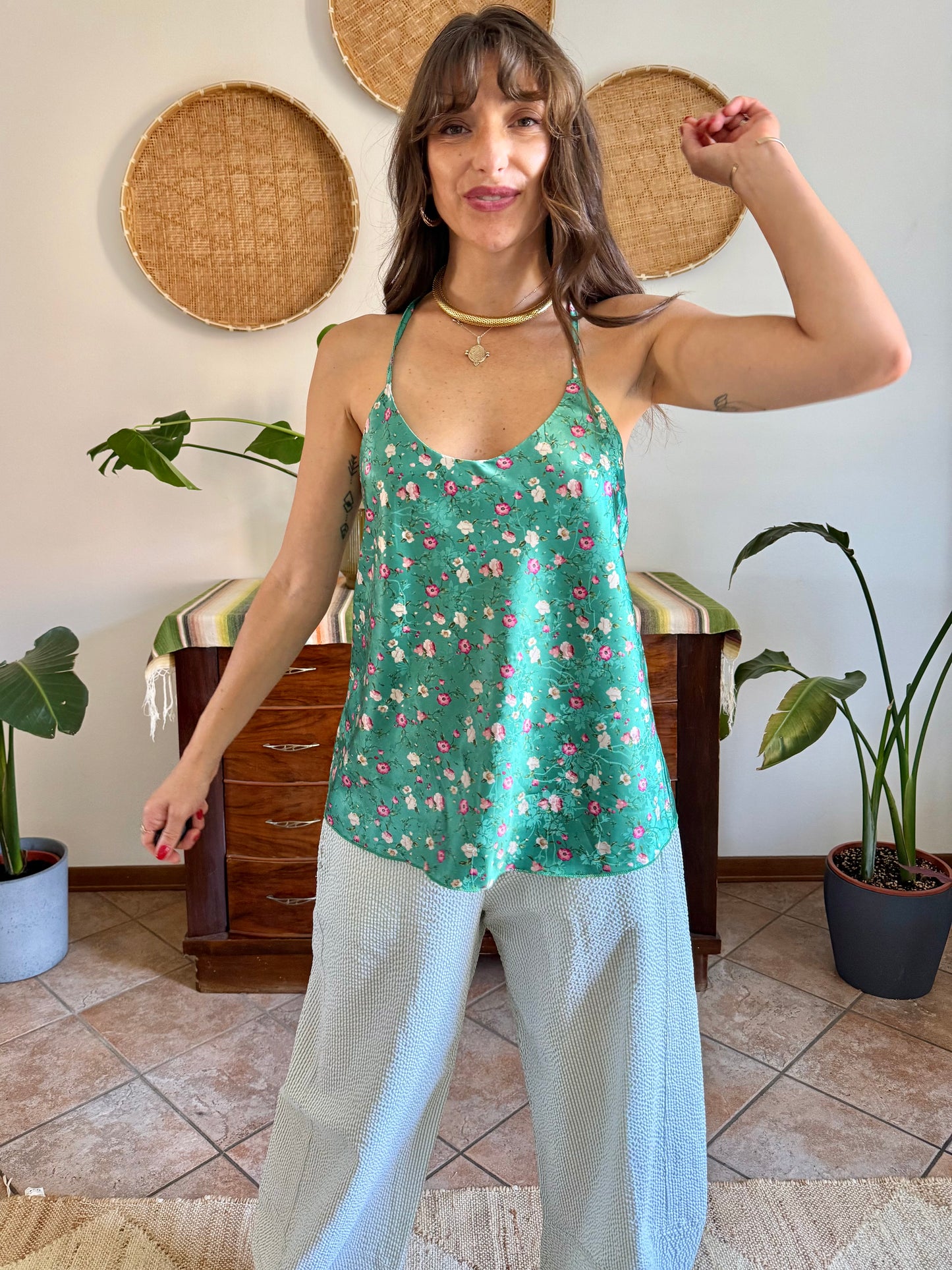 Y2k vintage green and pink floral satin textured blouse