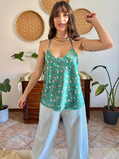 Y2k vintage green and pink floral satin textured blouse
