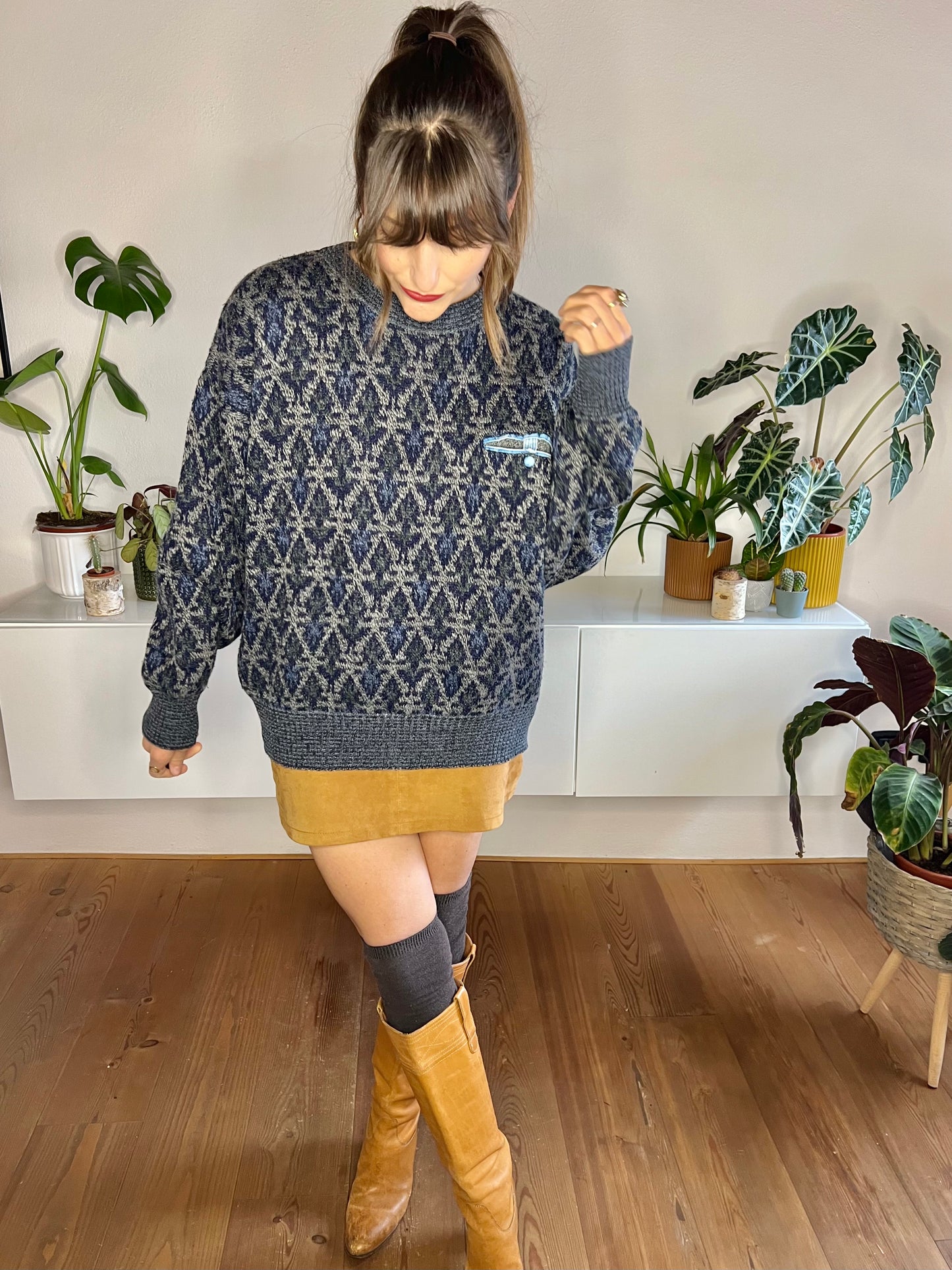 1980's vintage blue and grey geometric knit pullover with pocket detail
