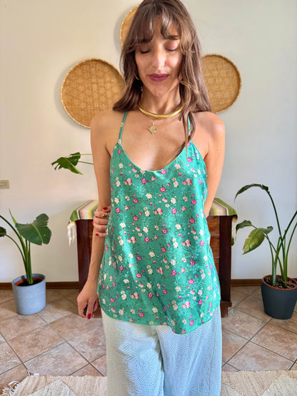 Y2k vintage green and pink floral satin textured blouse