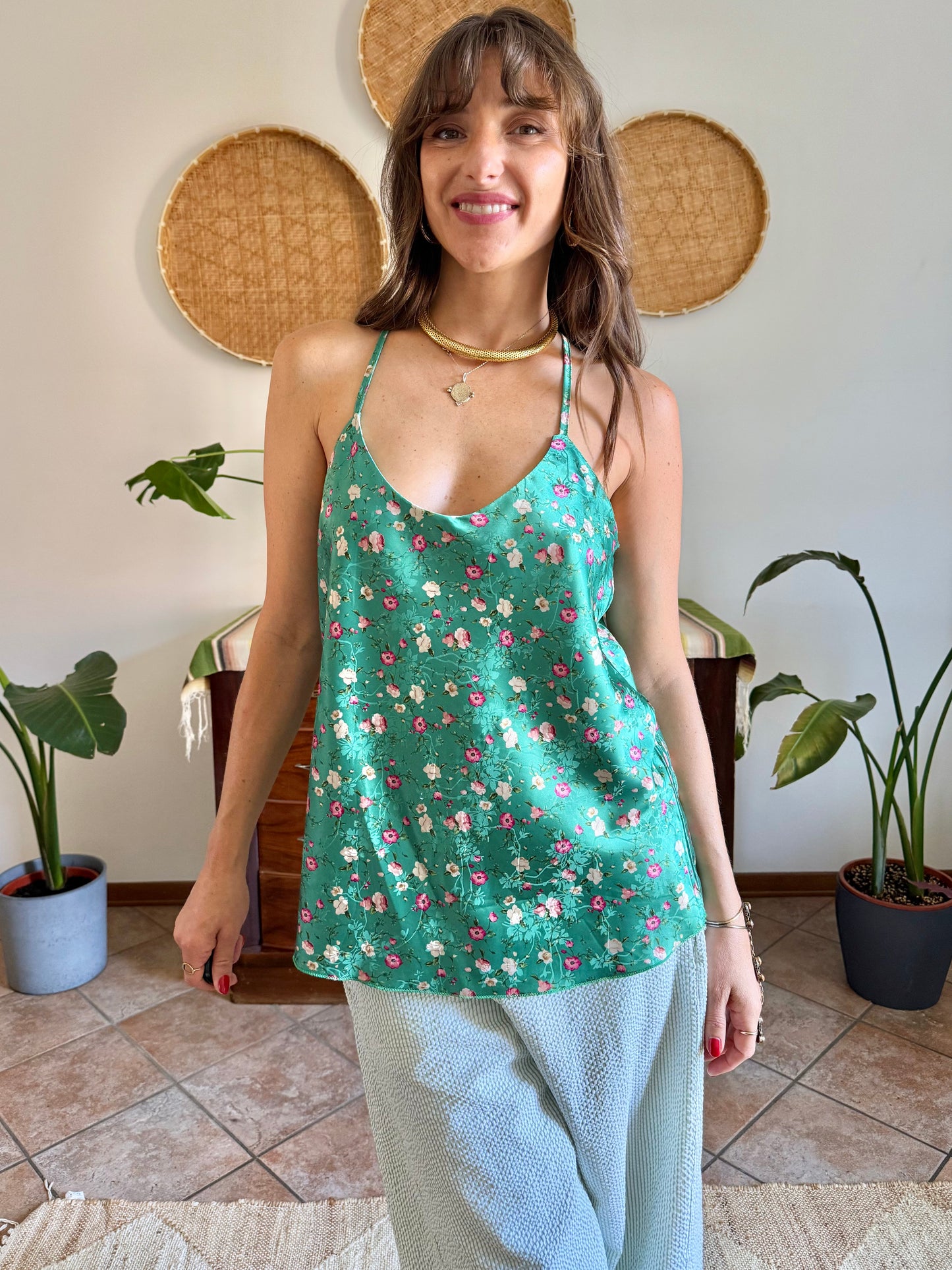 Y2k vintage green and pink floral satin textured blouse