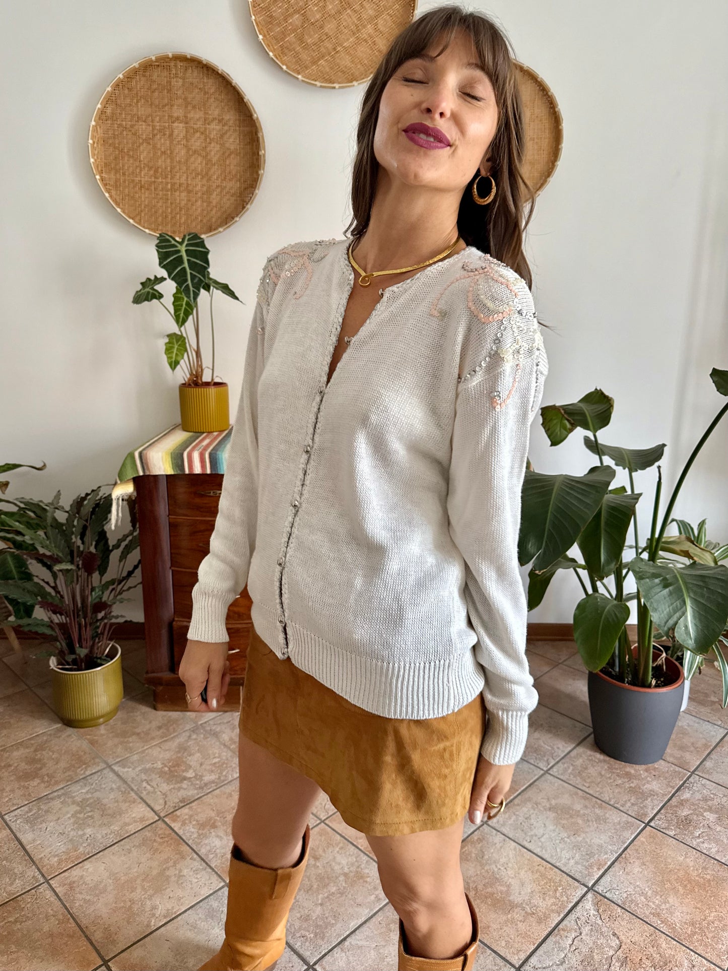 1980's vintage white knit cardigan with silver and pink sequin detailing
