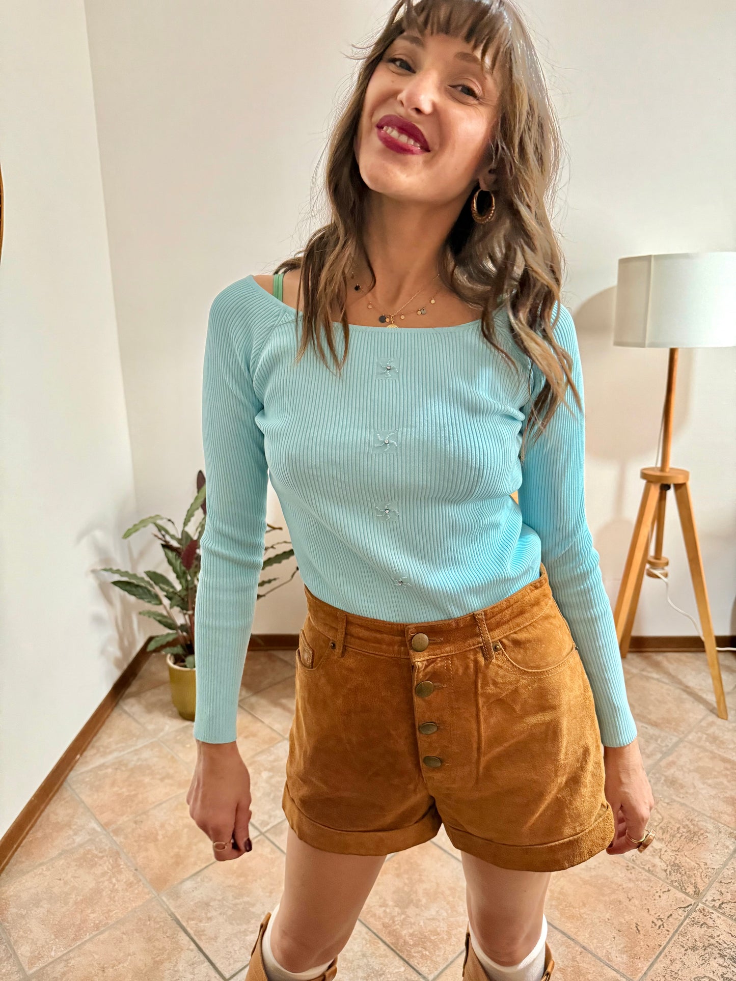 Y2k vintage light blue ribbed knit long sleeve top with glass bead and rhinestone detailing