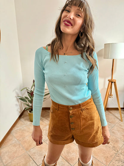 Y2k vintage light blue ribbed knit long sleeve top with glass bead and rhinestone detailing