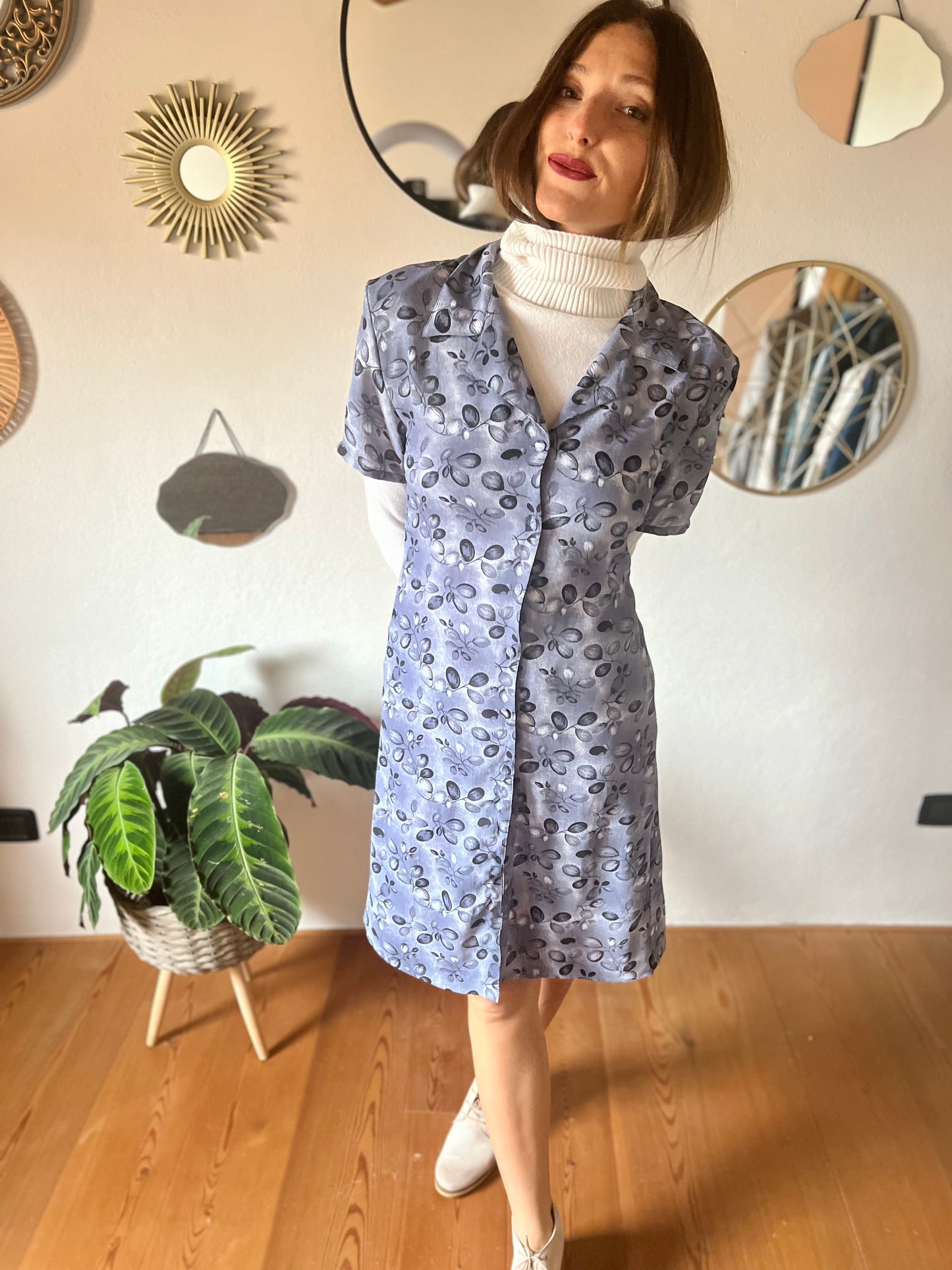 1990's vintage grey and navy blue floral print dress