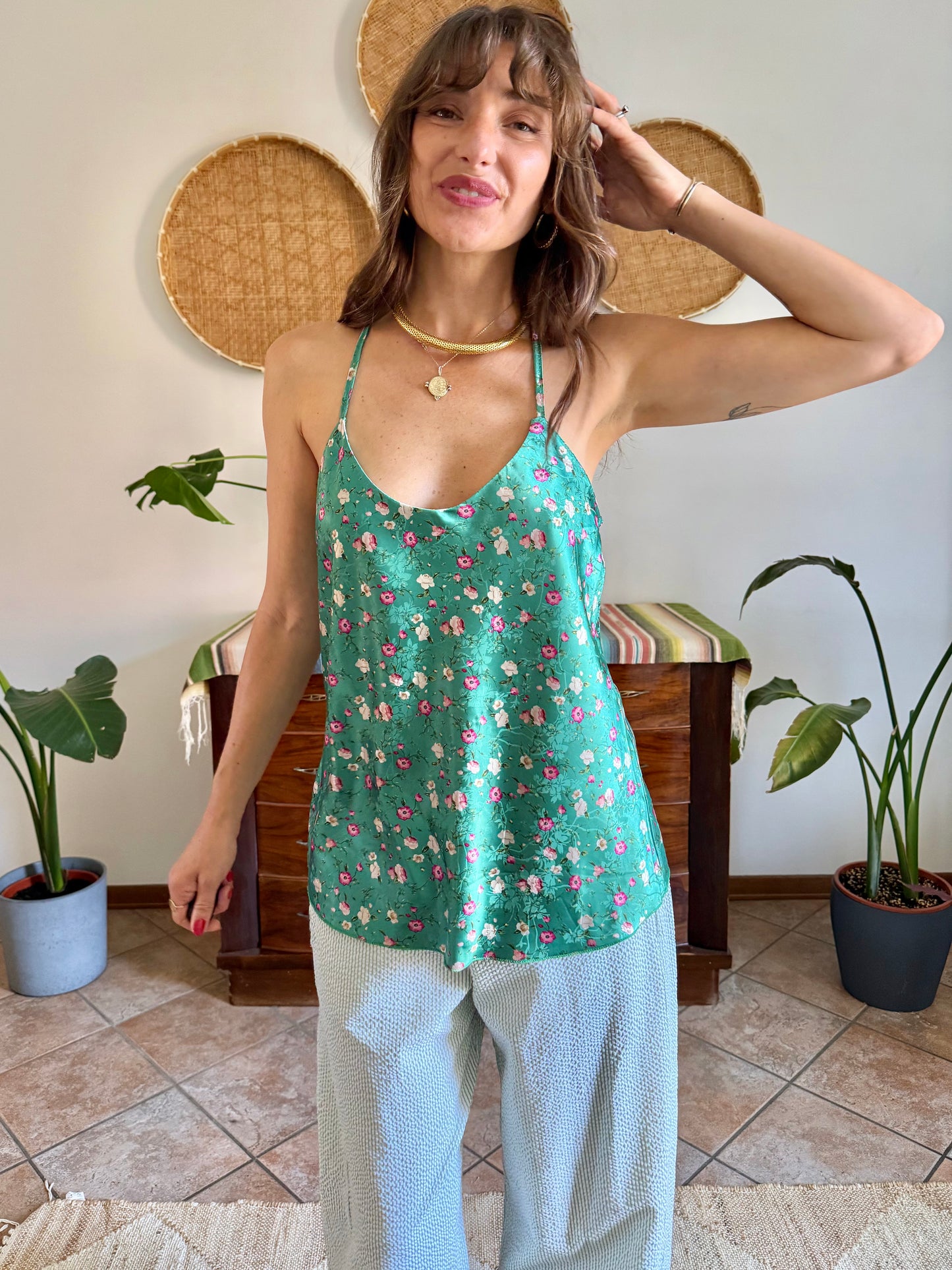 Y2k vintage green and pink floral satin textured blouse