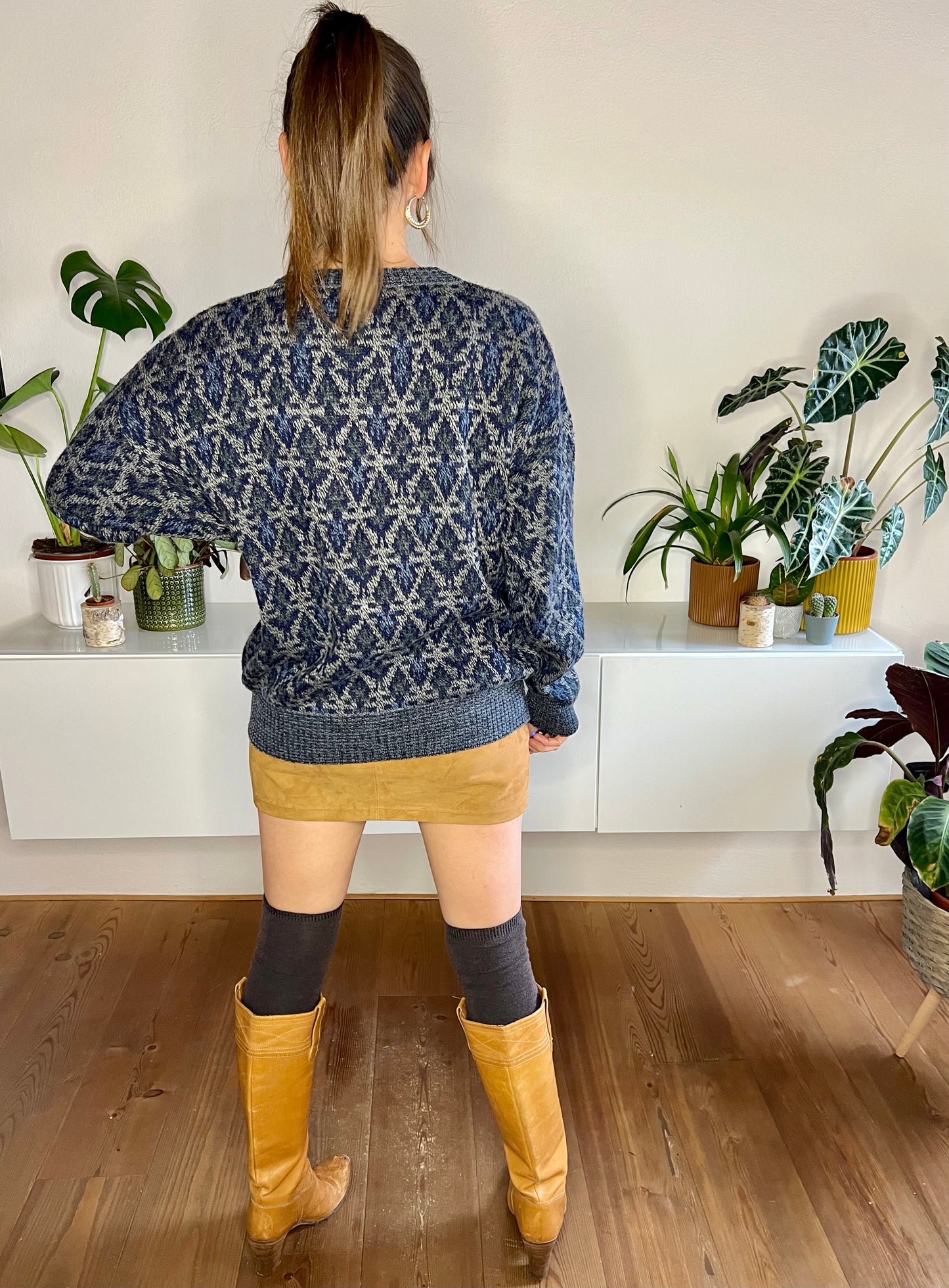 1980's vintage blue and grey geometric knit pullover with pocket detail