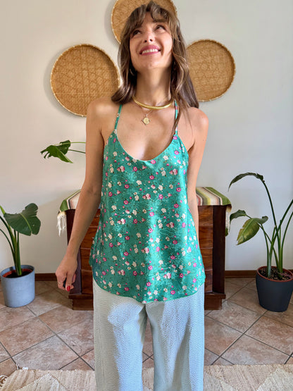 Y2k vintage green and pink floral satin textured blouse