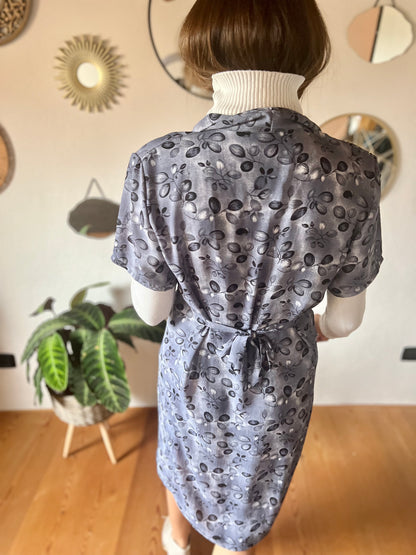 1990's vintage grey and navy blue floral print dress