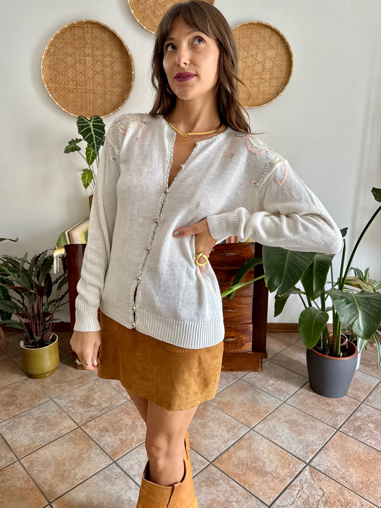 1980's vintage white knit cardigan with silver and pink sequin detailing