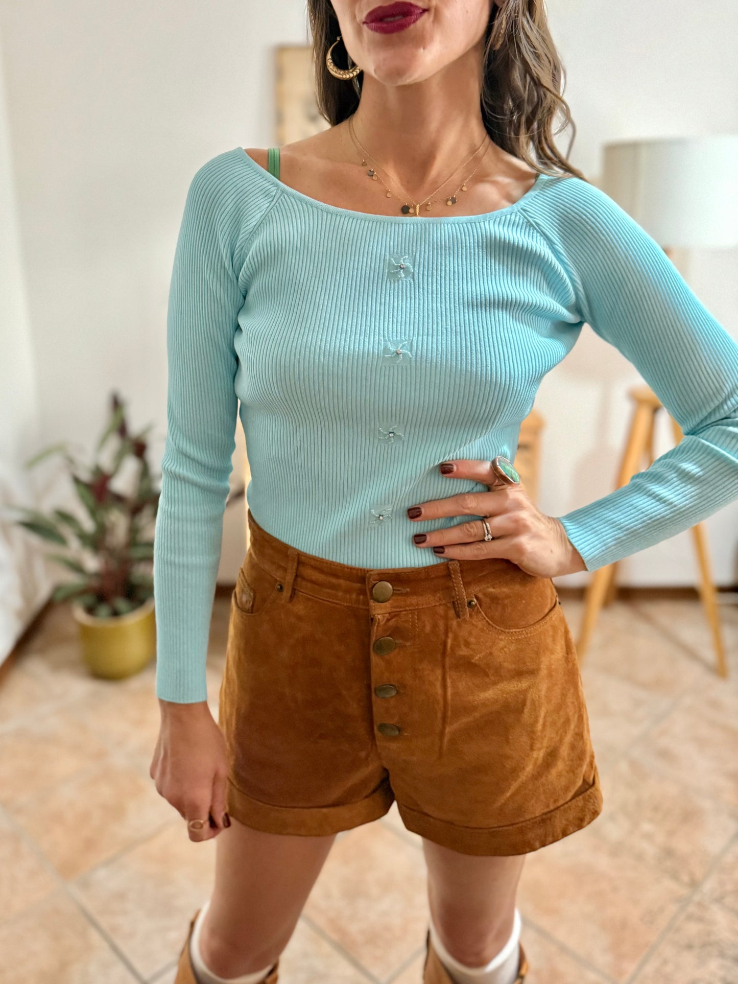 Y2k vintage light blue ribbed knit long sleeve top with glass bead and rhinestone detailing