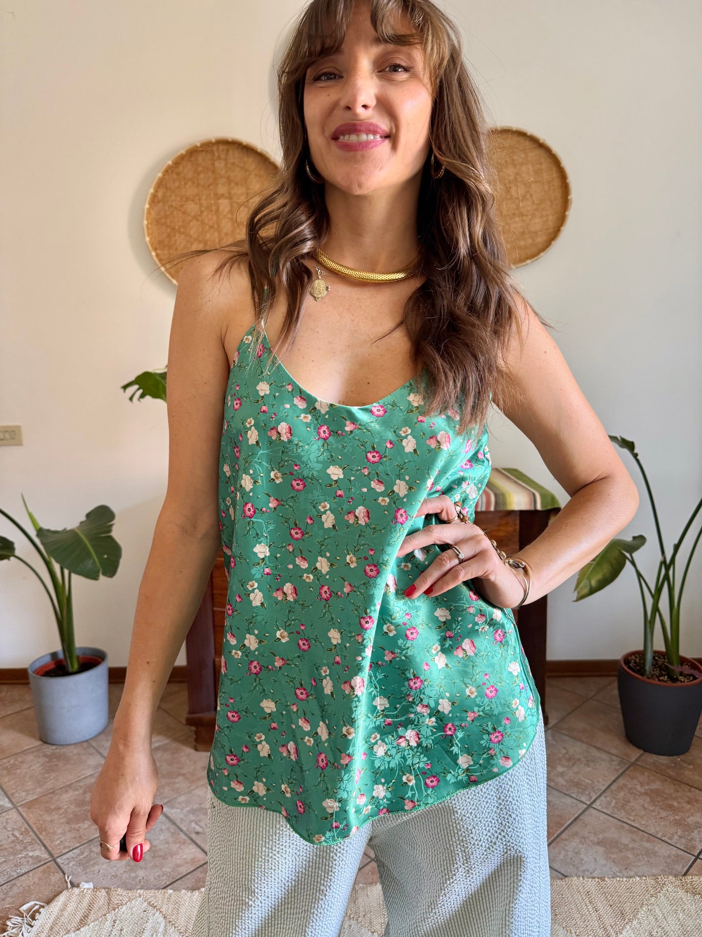 Y2k vintage green and pink floral satin textured blouse
