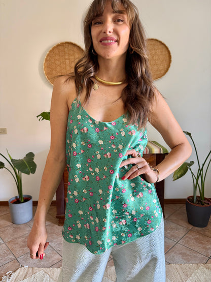 Y2k vintage green and pink floral satin textured blouse